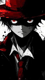 Masked figure in red hat and tie on stark monochrome field.