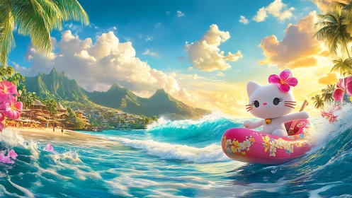 Sunlit Island Surf With a Flower-Crowned Kitty Friend.