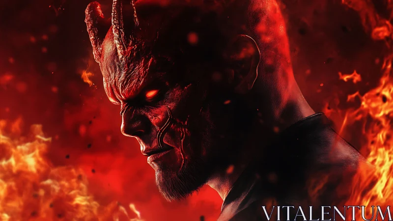Demonic horned figure in profile surrounded by intense flames.