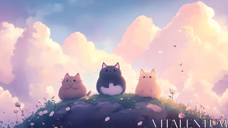Three Cats on Hillside Amid Clouds at Sunset