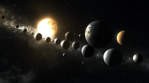 Gentle parade of distant planets drifting past a warm star.