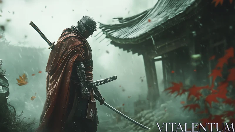 Armored swordsman with twin katanas in misty temple garden.