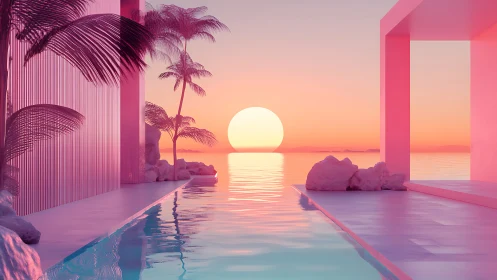 Soft pastel poolside sunset welcomes a dreamy coastal escape