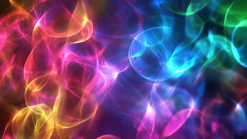 Neon light orbs swirl across dark abstract background
