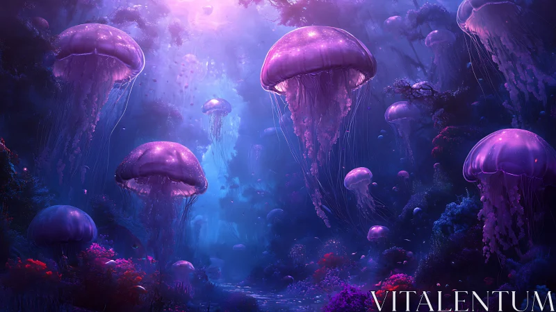 Glowing jellyfish drift like slow comets through midnight reef