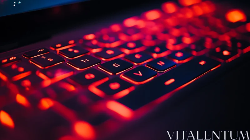 Glowing red keyboard casting a cozy futuristic glow.
