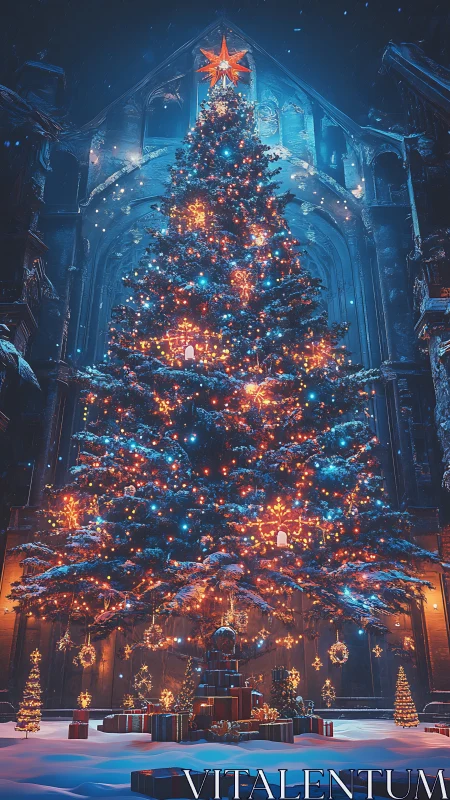 Tall illuminated Christmas tree in snowy cathedral square