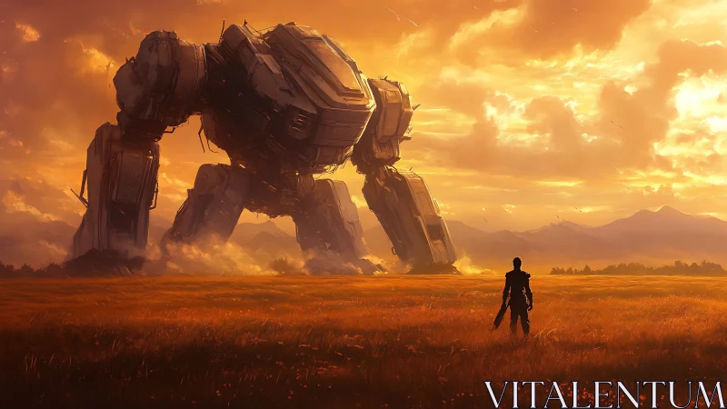 Solitary figure confronting giant mech in sunset field.