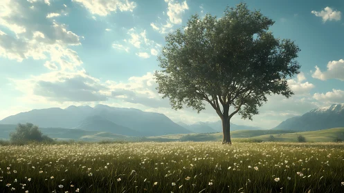 Solitary tree under soft sky across wide mountain meadow.