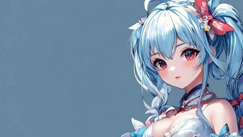 Chromatic anime portrait of blue-haired girl, offset framing.