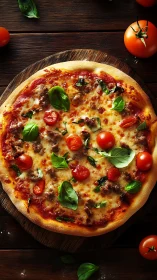 Rustic basil sausage pizza on charred wooden board