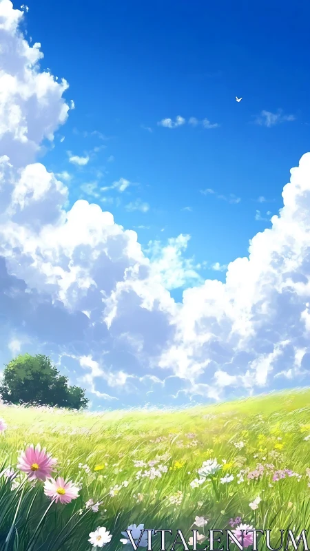 Wildflower meadow under towering summer clouds, sunlit.