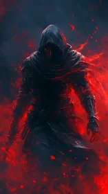 Hooded firewalker emerging from swirling crimson shadows.