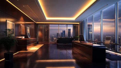 Executive corner office interior with city skyline view.