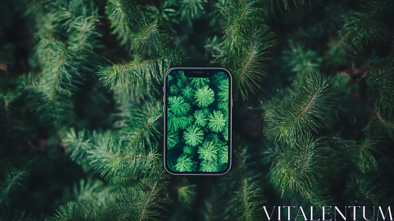 Smartphone lying in dense pine branches, screen with forest.