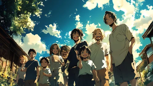 Summer day group of smiling children in rural street.