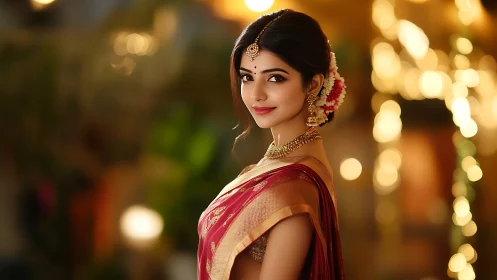 Portrait of sari-clad woman under warm festival bokeh lighting.