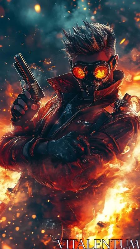 Postapocalyptic gunfighter in flaming trench coat, gas mask