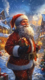 Santa in snowy village holds wrapped gifts under warm lamplight