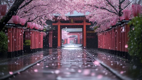 Cherry blossom rain polishes a shrine path into liquid glass