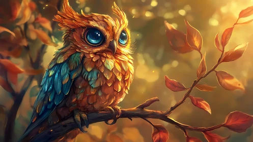 Whimsical Big-Eyed Owl on Autumn Branch in Dreamy Digital Art.