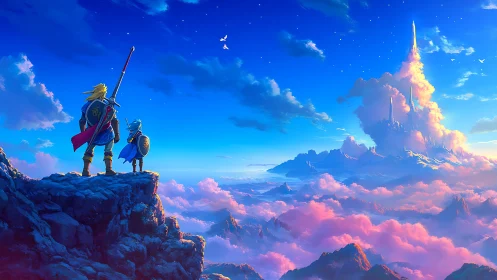 Two armored figures observing distant cloud castle landscape.