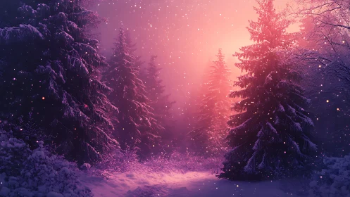 Winter forest glows under rose mist and drifting snowfall.