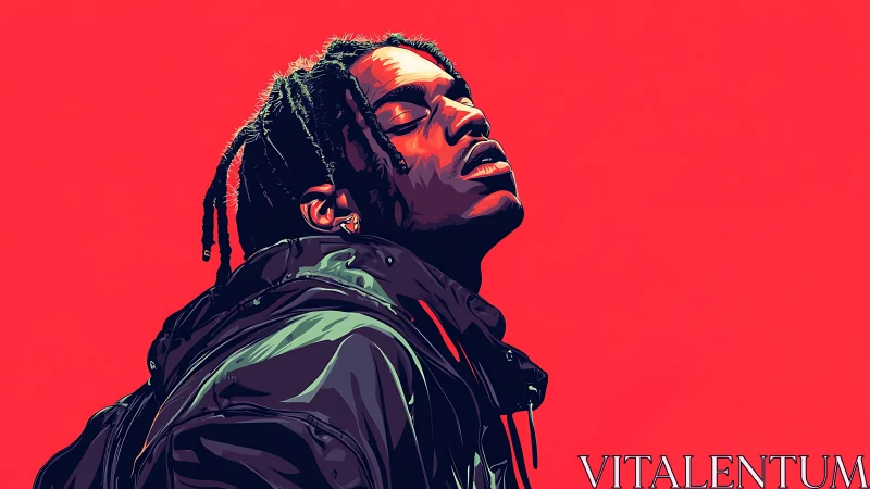 Stylized portrait of man in jacket against bold red field.