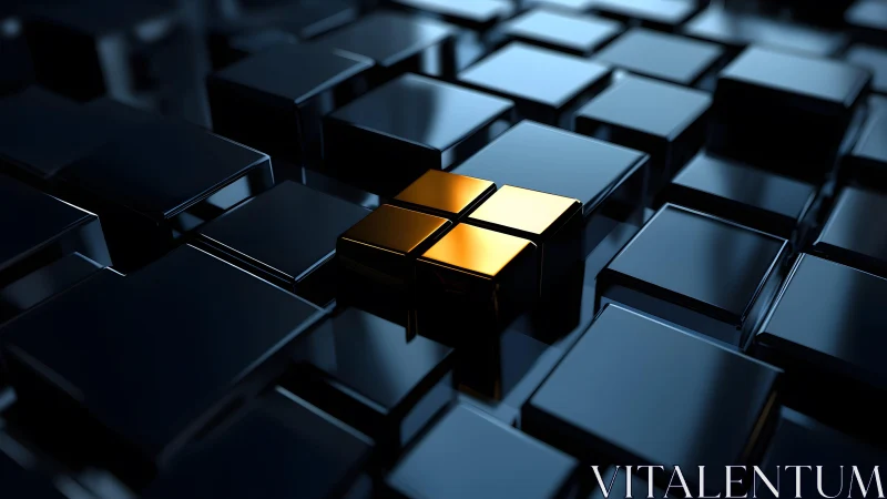 Shiny Black Cubes with Central Golden Highlight, Futuristic Style.