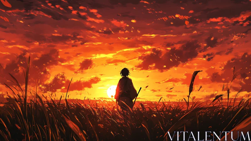 Samurai silhouette walking through blazing sunset field.