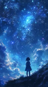 Girl in blue twilight gazes into an endless starry sky