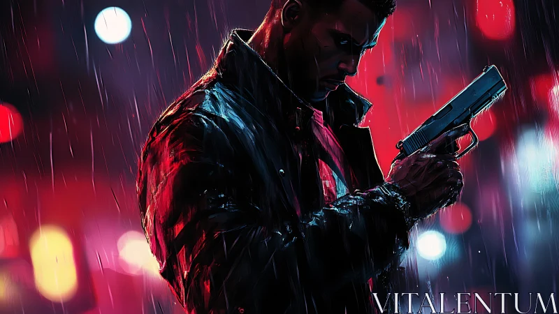 Figure holding handgun in rain against neon urban lighting