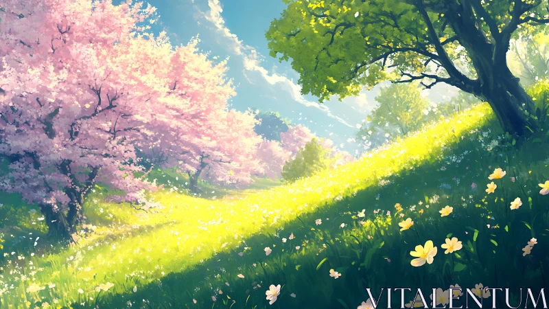 Spring hillside with flowering trees and scattered wildflowers.