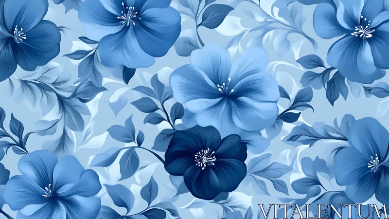 Blue floral pattern with layered petals and botanical leaves.