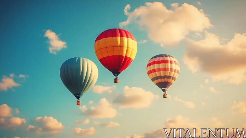 Triad of colorful hot air balloons in glowing sunset sky.