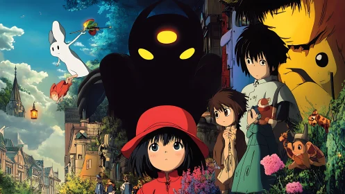 Whimsical anime friends exploring a bright enchanted city.