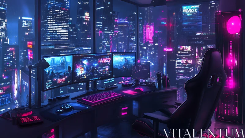 Cyberpunk gaming battlestation overlooks neon cityscape.