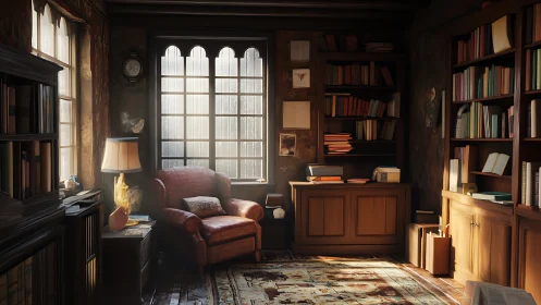 Interior view shows a compact library with armchair