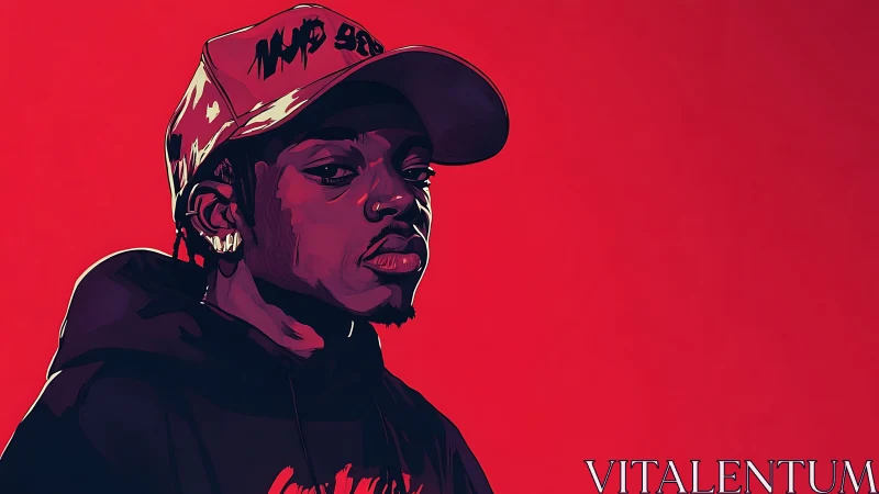 Stylized portrait of young man in cap on bold red background.