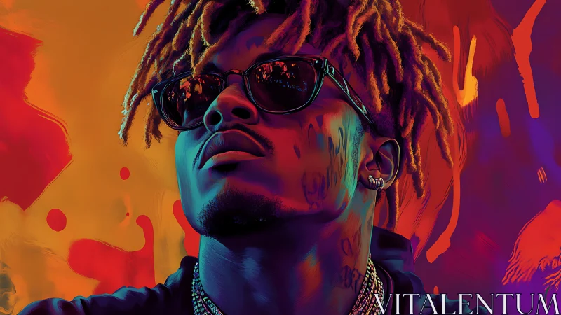 Neon-lit hip-hop portrait radiates bold confidence and style