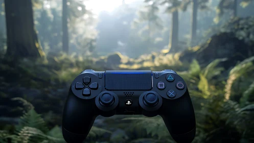 Game controller is suspended before softly focused forest