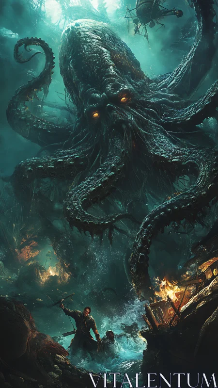 Stormy sea battle with a colossal glowing eyed kraken.