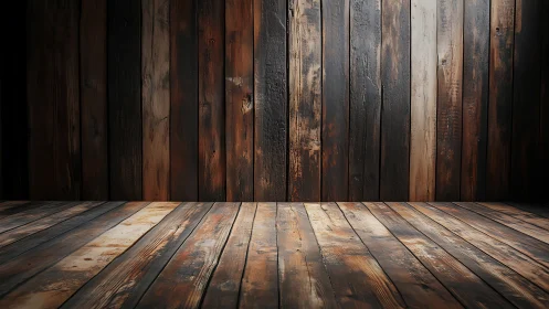 Rustic timber stage in warm, timeworn studio lighted hush.