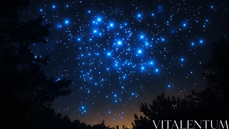 Dense blue star cluster above silhouetted forest horizon.