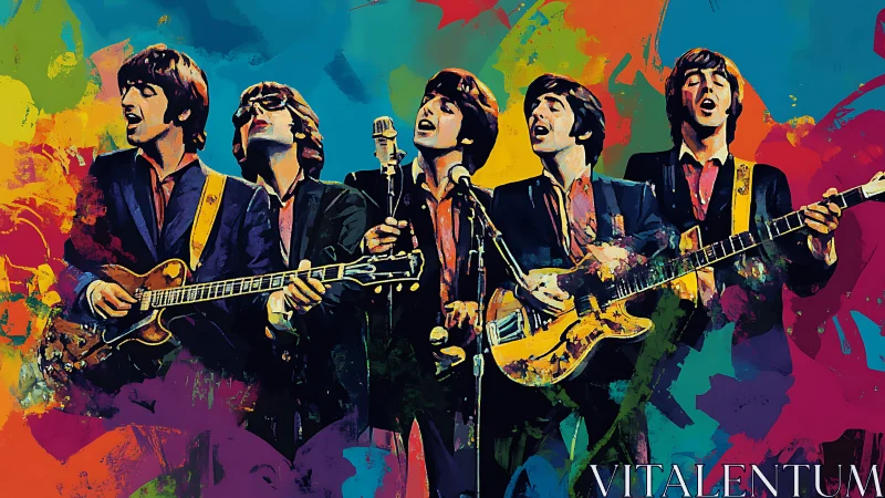 Color-saturated band performance portrait against abstract paint