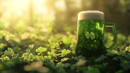 Photorealistic green beer stein in sunlit clover field composition.
