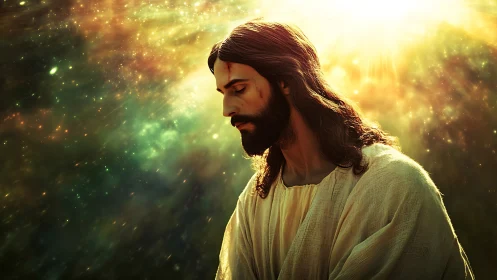 Radiant spiritual figure bows in sorrow beneath heavenly light