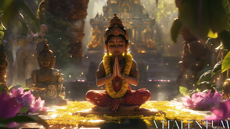 Child deity meditates in golden temple garden light.