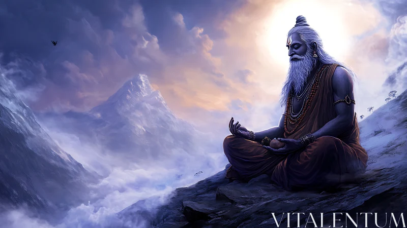 Elderly sage meditating on misty Himalayan mountain ridge.