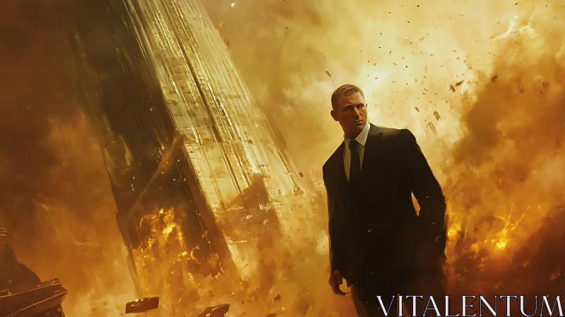 Man in suit stands amid towering building explosion.